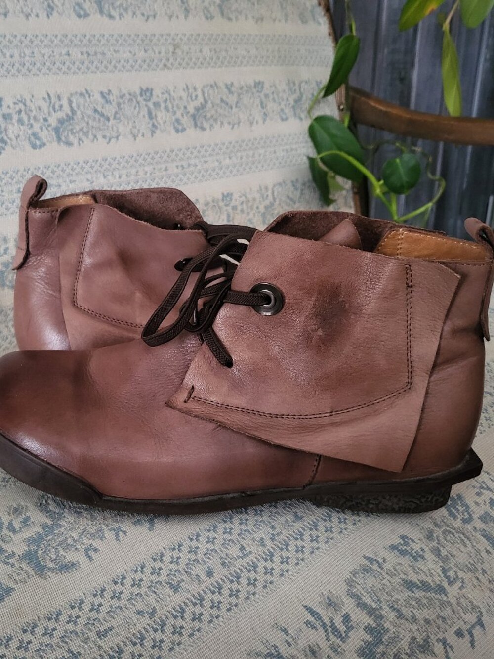 Lagenlook Cognac Leather Lace Up Ankle Boots Size 8